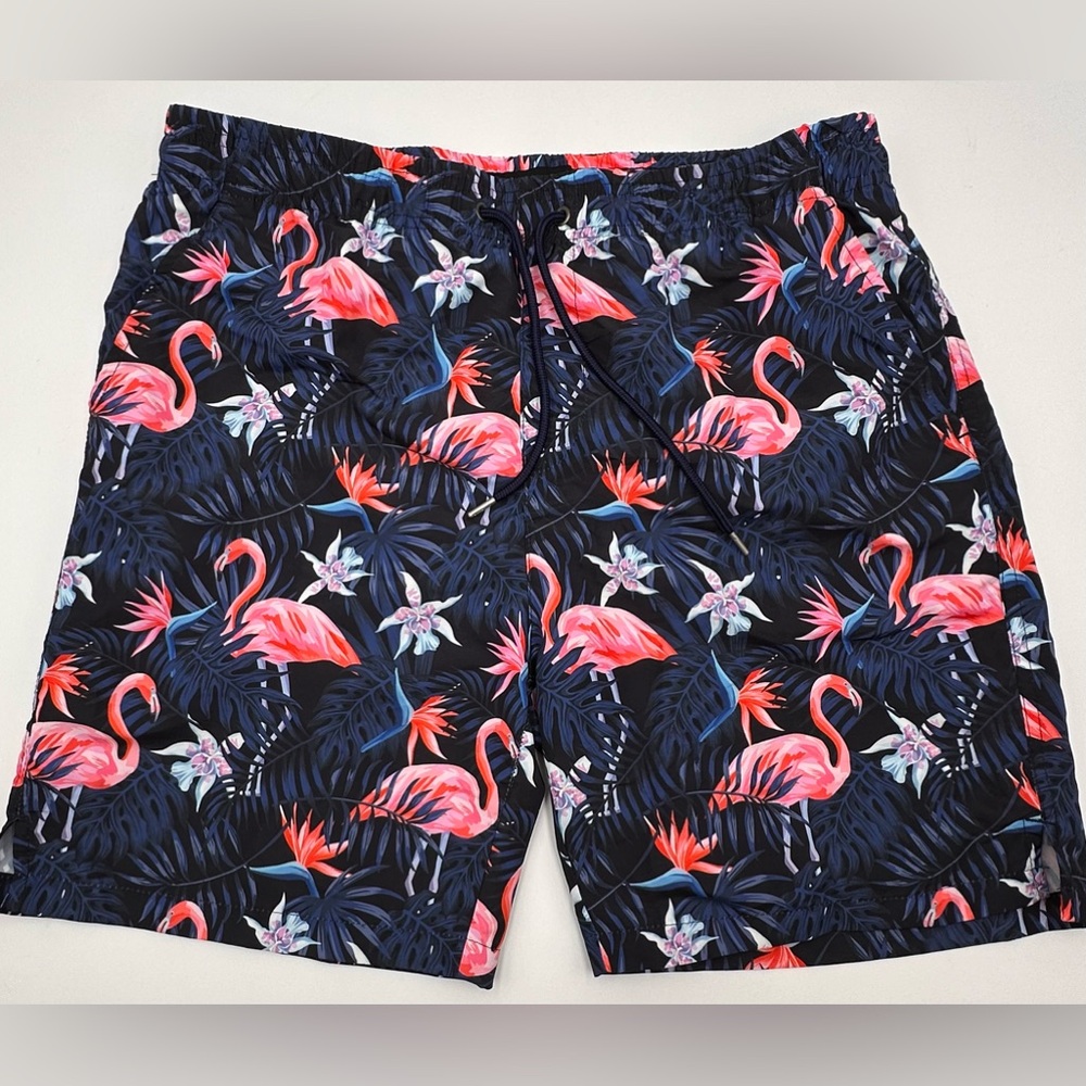 TRUTH + THEORY MENS SWIM SHORTS TRUNKS SIZE LARGE NAVY PINK FLAMINGOS FLOWERS